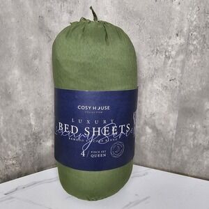 Cosy House Luxury Bamboo Viscose Blend SAGE GREEN QUEEN Sheet Set Corner Straps